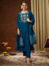 Janasya Women's Teal Blue Chanderi Silk Yoke Embroidered Straight Kurta Set